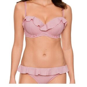 Retro style‎ red white seersucker Striped ruffle trim bikini set size small new